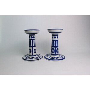 Vintage Dansk Blue & White Porcelain Candlestick Holders | Arabesque
